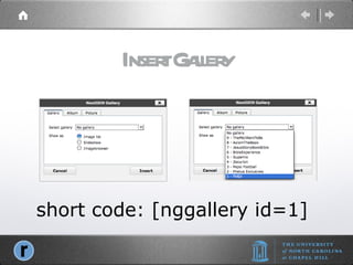 Insert Gallery short code: [nggallery id=1] 