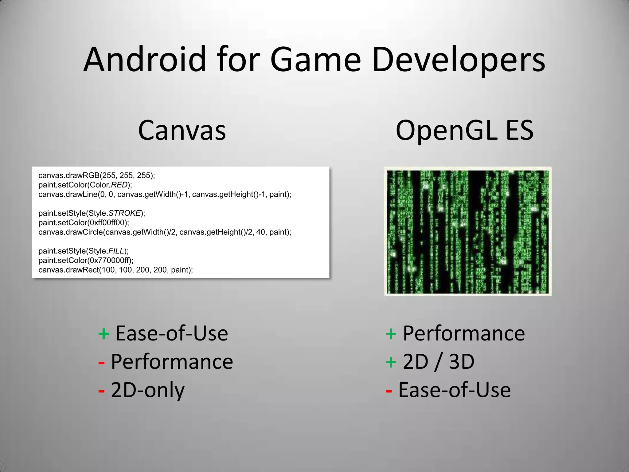 Android for Game Developers
                            Canvas                                         OpenGL ES
canvas.drawRGB(255, 255, 255);
paint.setColor(Color.RED);
canvas.drawLine(0, 0, canvas.getWidth()-1, canvas.getHeight()-1, paint);

paint.setStyle(Style.STROKE);
paint.setColor(0xff00ff00);
canvas.drawCircle(canvas.getWidth()/2, canvas.getHeight()/2, 40, paint);

paint.setStyle(Style.FILL);
paint.setColor(0x770000ff);
canvas.drawRect(100, 100, 200, 200, paint);




                + Ease-of-Use                                              + Performance
                - Performance                                              + 2D / 3D
                - 2D-only                                                  - Ease-of-Use
 