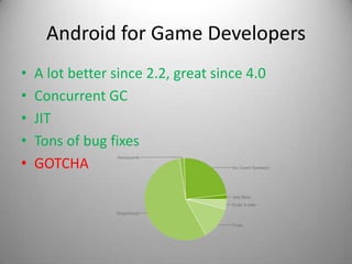 Android for Game Developers
•   A lot better since 2.2, great since 4.0
•   Concurrent GC
•   JIT
•   Tons of bug fixes
•   GOTCHA
 
