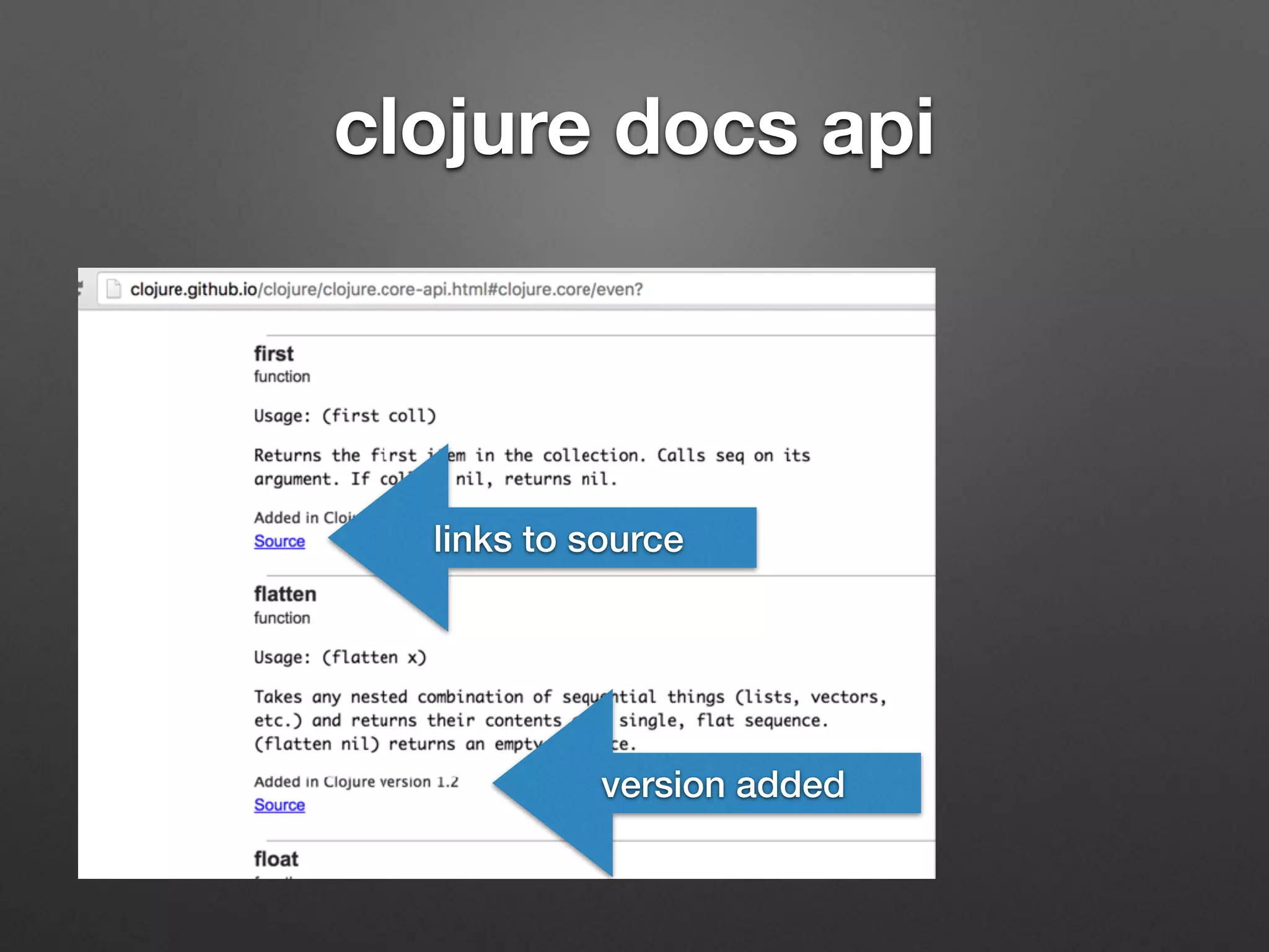 clojure docs api
links to source
version added
 