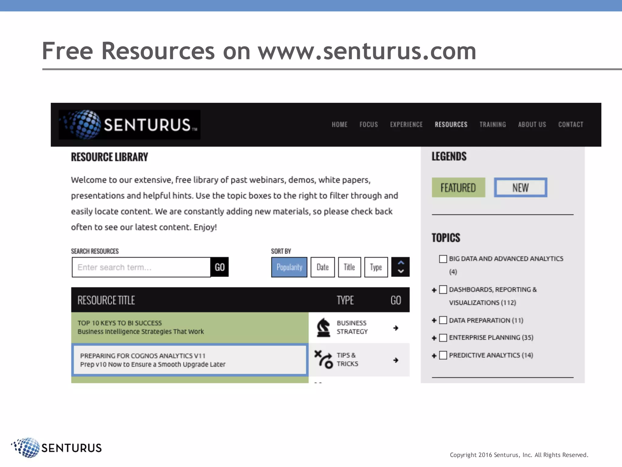Free Resources on www.senturus.com
Copyright 2016 Senturus, Inc. All Rights Reserved.
 