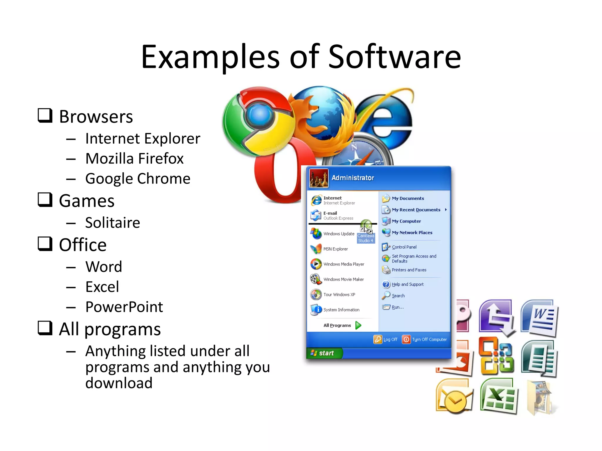 Examples of Software
 Browsers
– Internet Explorer
– Mozilla Firefox
– Google Chrome
 Games
– Solitaire
 Office
– Word
– Excel
– PowerPoint
 All programs
– Anything listed under all
programs and anything you
download
 
