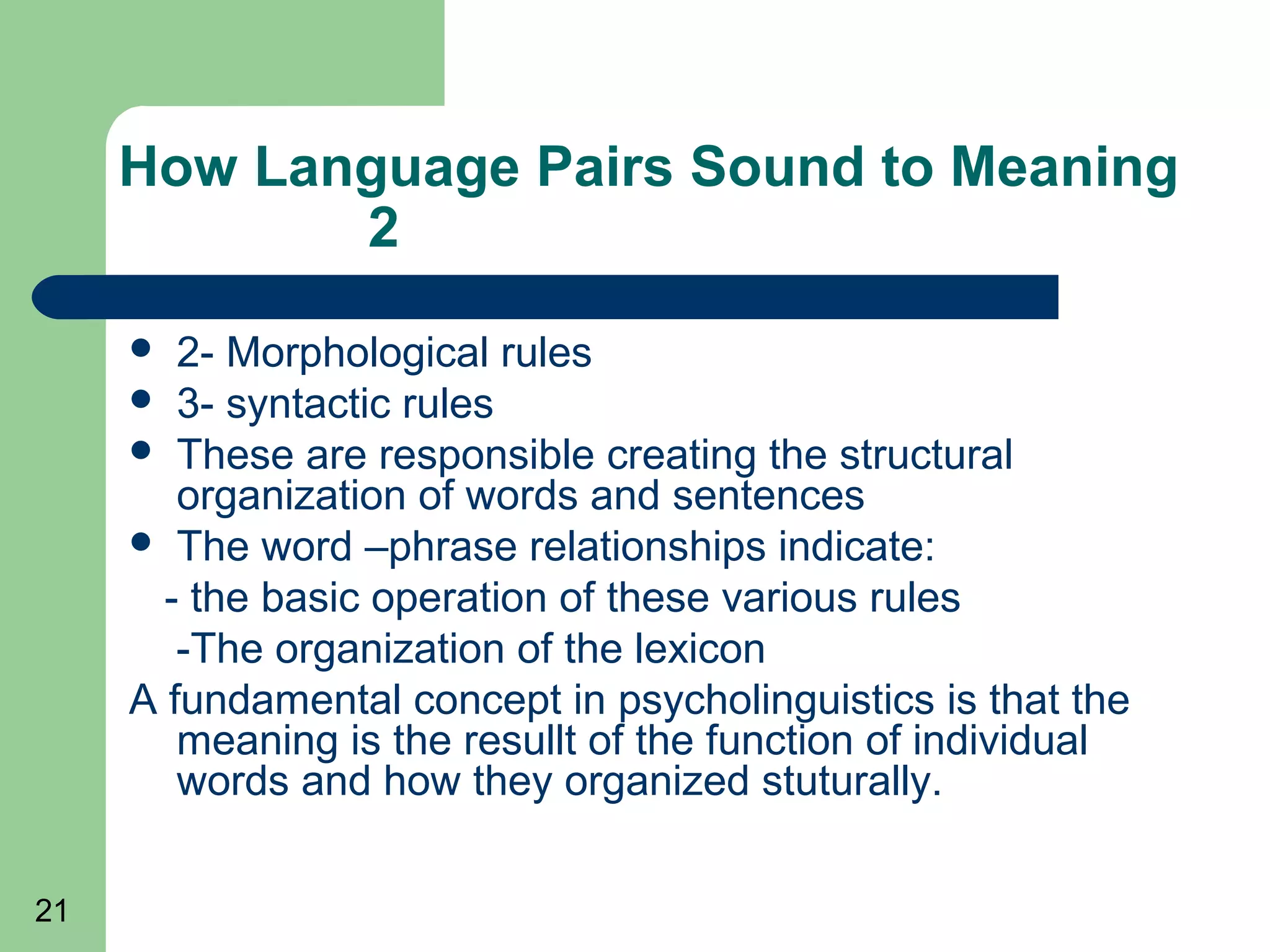 How Language Pairs Sound to Meaning
            2
       2- Morphological rules
      3- syntactic rules
      These are responsible creating the structural
        organization of words and sentences
      The word –phrase relationships indicate:
       - the basic operation of these various rules
        -The organization of the lexicon
     A fundamental concept in psycholinguistics is that the
        meaning is the resullt of the function of individual
        words and how they organized stuturally.

21
 