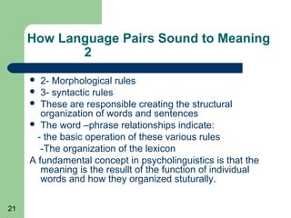 How Language Pairs Sound to Meaning
            2
       2- Morphological rules
      3- syntactic rules
      These are responsible creating the structural
        organization of words and sentences
      The word –phrase relationships indicate:
       - the basic operation of these various rules
        -The organization of the lexicon
     A fundamental concept in psycholinguistics is that the
        meaning is the resullt of the function of individual
        words and how they organized stuturally.

21
 