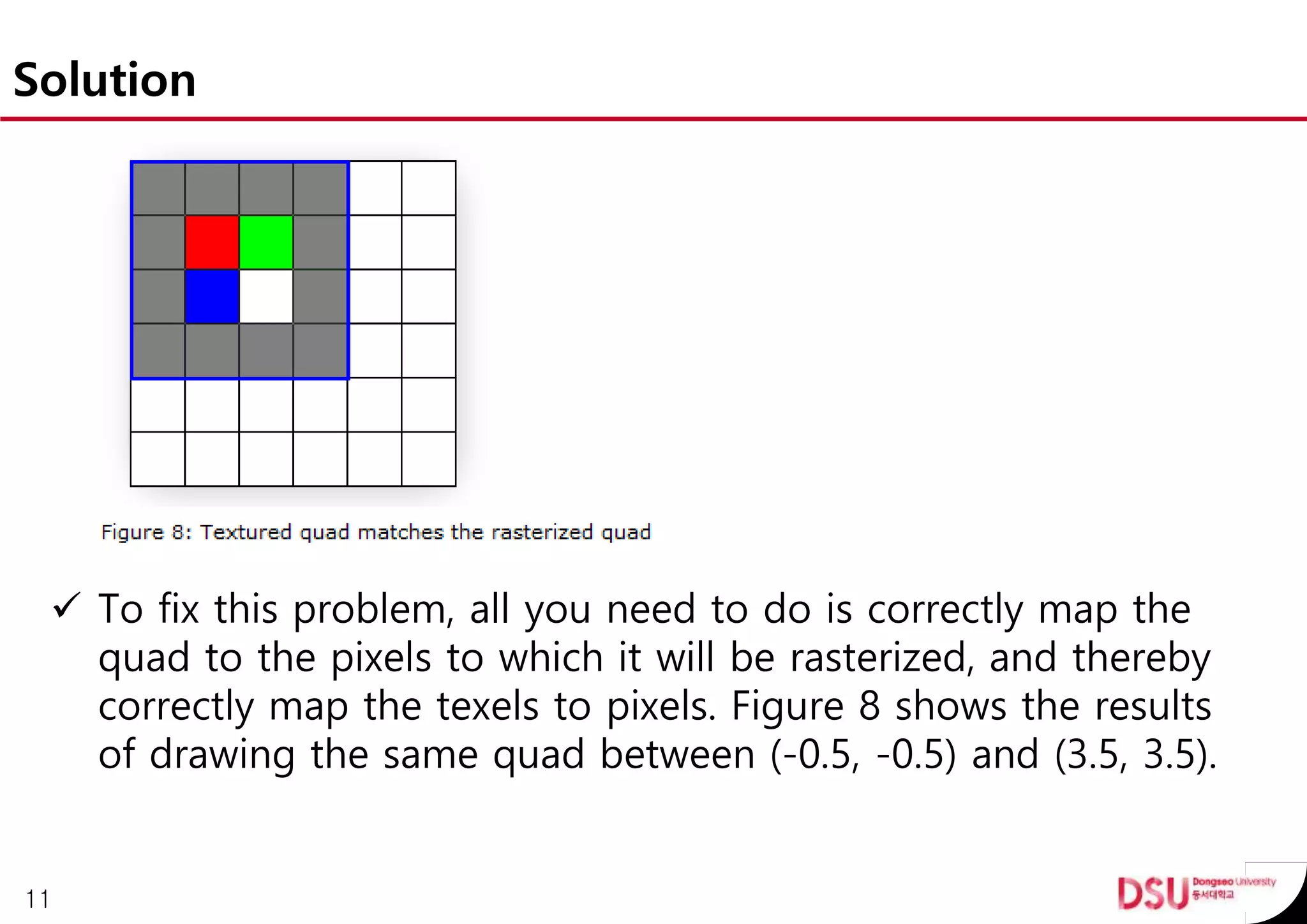 Solution
 To fix this problem, all you need to do is correctly map the
quad to the pixels to which it will be rasterized, and thereby
correctly map the texels to pixels. Figure 8 shows the results
of drawing the same quad between (-0.5, -0.5) and (3.5, 3.5).
11
 