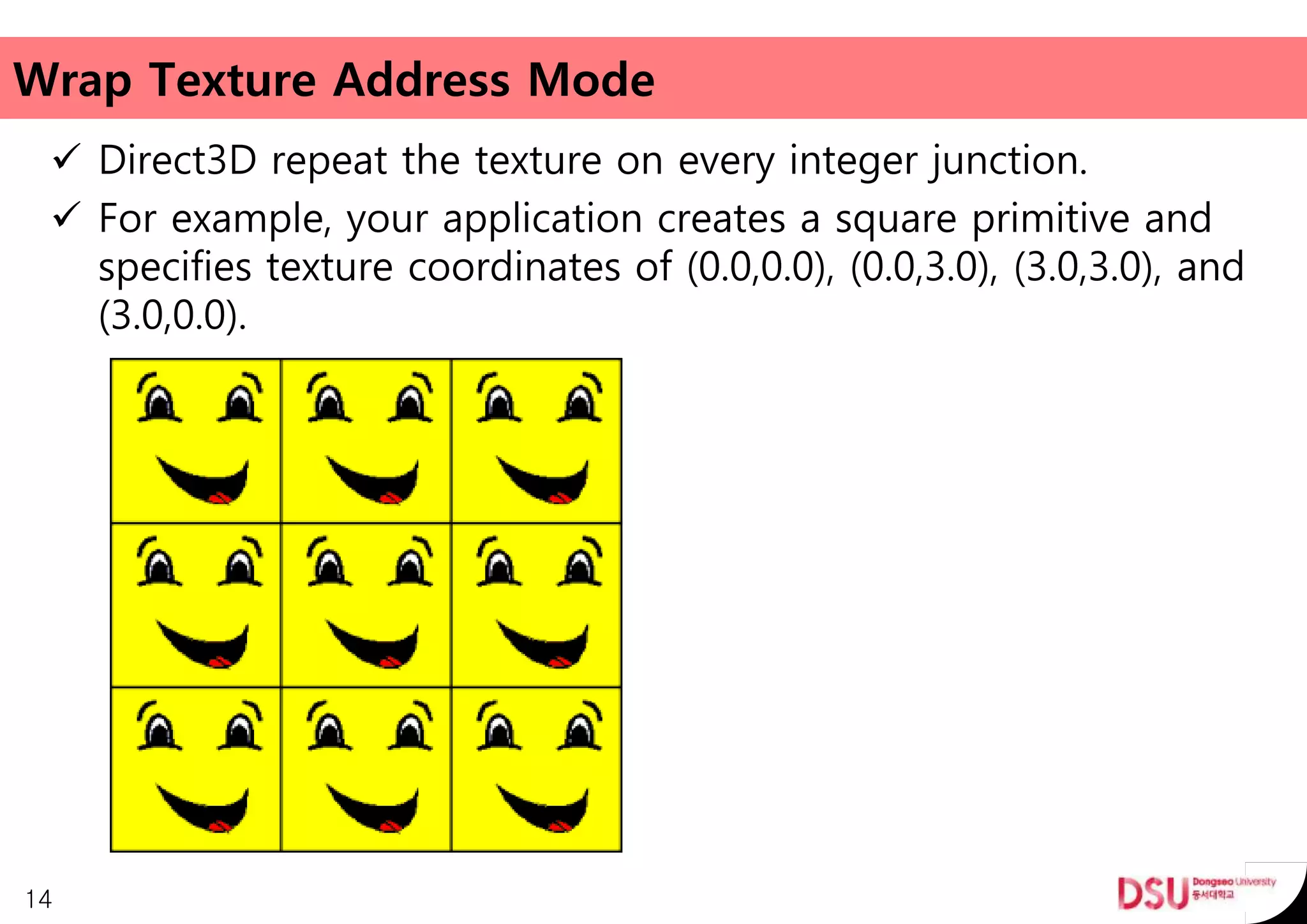 Wrap Texture Address Mode
 Direct3D repeat the texture on every integer junction.
 For example, your application creates a square primitive and
specifies texture coordinates of (0.0,0.0), (0.0,3.0), (3.0,3.0), and
(3.0,0.0).
14
 