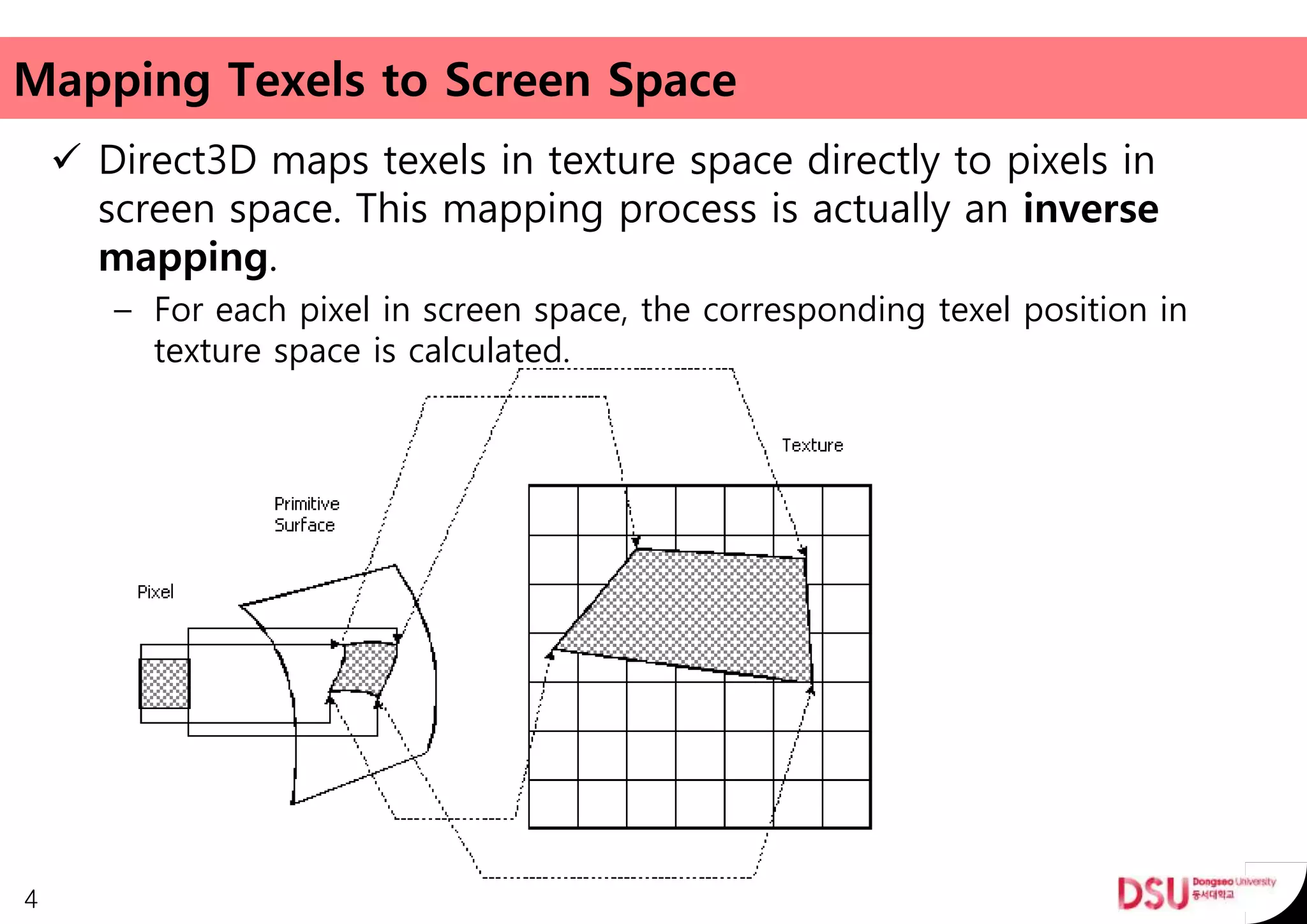 Mapping Texels to Screen Space
 Direct3D maps texels in texture space directly to pixels in
screen space. This mapping process is actually an inverse
mapping.
– For each pixel in screen space, the corresponding texel position in
texture space is calculated.
4
 