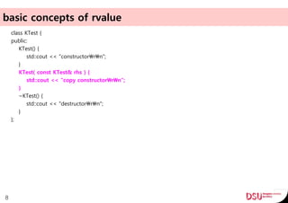 basic concepts of rvalue
class KTest {
public:
KTest() {
std::cout << "constructorrn";
}
KTest( const KTest& rhs ) {
std::cout << "copy constructorrn";
}
~KTest() {
std::cout << "destructorrn";
}
};
8
 