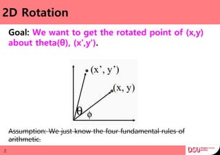 2D Rotation
Goal: We want to get the rotated point of (x,y)
about theta(θ), (x',y').
2
Assumption: We just know the four fundamental rules of
arithmetic.
 