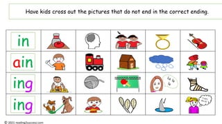 Have kids cross out the pictures that do not end in the correct ending.
in
ain
ing
ing
© 2021 reading2success.com
 