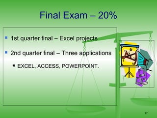 Final Exam – 20%

   1st quarter final – Excel projects

   2nd quarter final – Three applications
       EXCEL, ACCESS, POWERPOINT.




                                             17
 