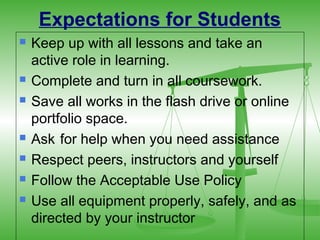 Expectations for Students
   Keep up with all lessons and take an
    active role in learning.
   Complete and turn in all coursework.
   Save all works in the flash drive or online
    portfolio space.
   Ask for help when you need assistance
   Respect peers, instructors and yourself
   Follow the Acceptable Use Policy
   Use all equipment properly, safely, and as
    directed by your instructor
 