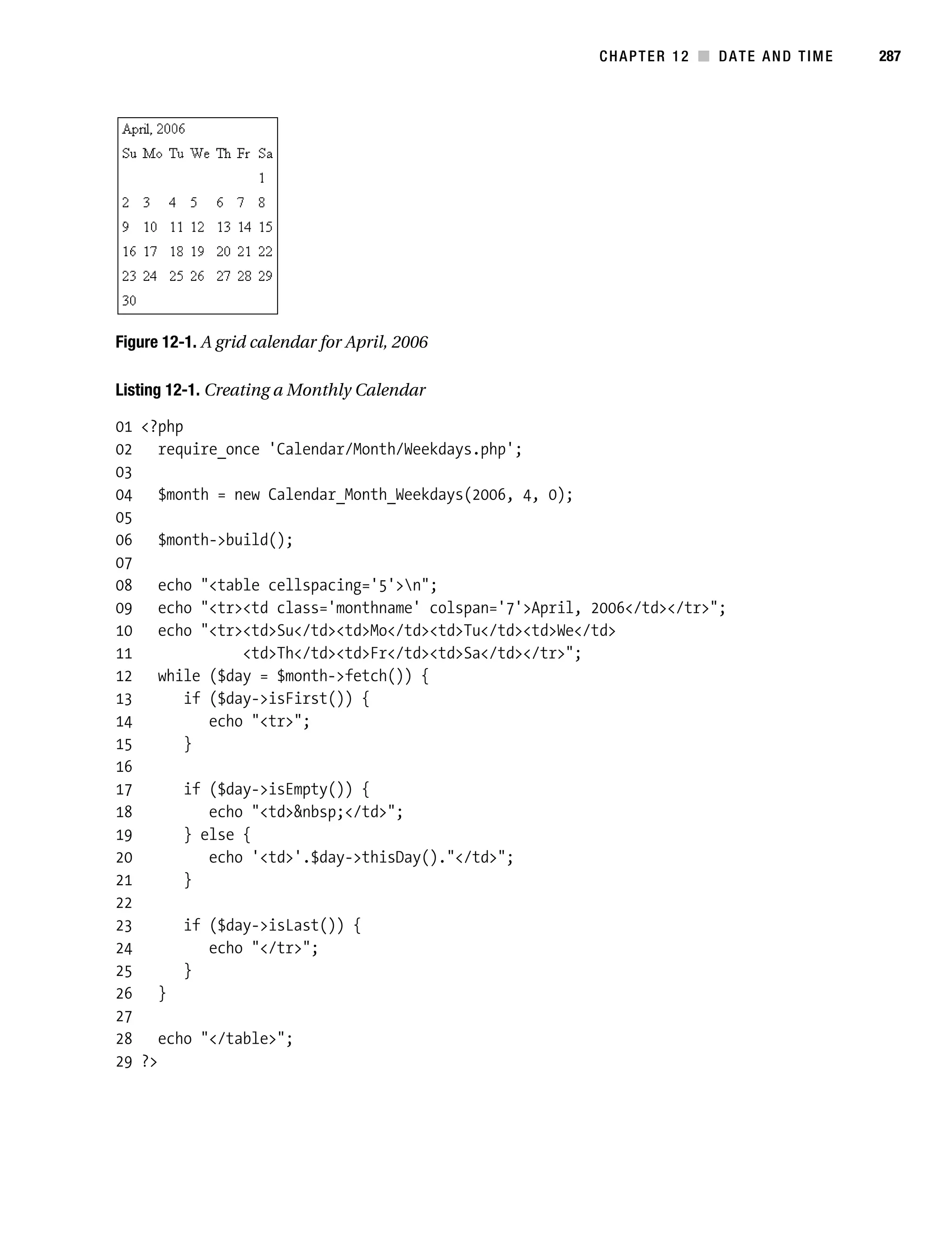 Gilmore 2E_552-1.book Page 287 Tuesday, November 1, 2005 1:31 PM




                                                                   CHAPTER 12 ■ DATE AND TIME   287




           Figure 12-1. A grid calendar for April, 2006

           Listing 12-1. Creating a Monthly Calendar

           01 <?php
           02 require_once 'Calendar/Month/Weekdays.php';
           03
           04 $month = new Calendar_Month_Weekdays(2006, 4, 0);
           05
           06 $month->build();
           07
           08 echo "<table cellspacing='5'>n";
           09 echo "<tr><td class='monthname' colspan='7'>April, 2006</td></tr>";
           10 echo "<tr><td>Su</td><td>Mo</td><td>Tu</td><td>We</td>
           11             <td>Th</td><td>Fr</td><td>Sa</td></tr>";
           12 while ($day = $month->fetch()) {
           13      if ($day->isFirst()) {
           14         echo "<tr>";
           15      }
           16
           17      if ($day->isEmpty()) {
           18         echo "<td>&nbsp;</td>";
           19      } else {
           20         echo '<td>'.$day->thisDay()."</td>";
           21      }
           22
           23      if ($day->isLast()) {
           24         echo "</tr>";
           25      }
           26 }
           27
           28 echo "</table>";
           29 ?>
 