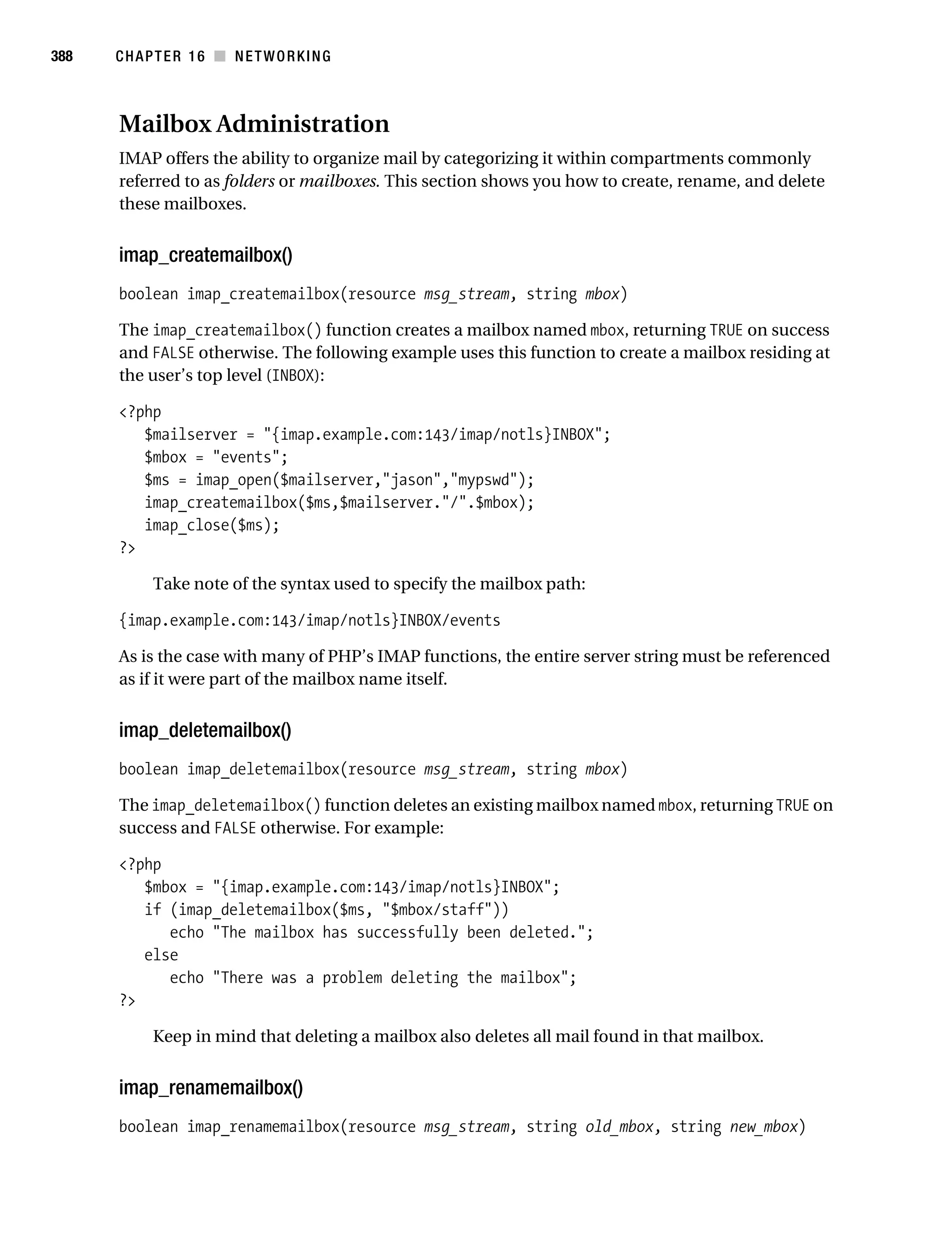 Gilmore 2E_552-1.book Page 388 Tuesday, November 1, 2005 1:31 PM




388        CHAPTER 16 ■ NETWORKING



           Mailbox Administration
           IMAP offers the ability to organize mail by categorizing it within comp