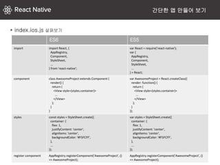 간단한 앱 만들어 보기
* index.ios.js 살펴보기
import import React, {
AppRegistry,
Component,
StyleSheet,
...
} from 'react-native';
var React = require('react-native');
var {
AppRegistry,
Component,
StyleSheet,
...
} = React;
component class AwesomeProject extends Component {
render() {
return (
<View style={styles.container}>
...
</View>
);
}
}
var AwesomeProject = React.createClass({
render: function() {
return (
<View style={styles.container}>
...
</View>
);
}
});
styles const styles = StyleSheet.create({
container: {
flex: 1,
justifyContent: 'center',
alignItems: 'center',
backgroundColor: '#F5FCFF',
},
...
});
var styles = StyleSheet.create({
container: {
flex: 1,
justifyContent: 'center',
alignItems: 'center',
backgroundColor: '#F5FCFF',
},
...
});
register component AppRegistry.registerComponent('AwesomeProject', ()
=> AwesomeProject);
AppRegistry.registerComponent('AwesomeProject', ()
=> AwesomeProject);
ES6 ES5
 