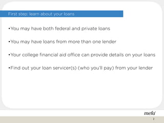 First step: learn about your loans
•You may have both federal and private loans
•You may have loans from more than one lender
•Your college financial aid office can provide details on your loans
•Find out your loan servicer(s) (who you’ll pay) from your lender
2
 