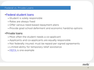 Federal vs. Private Loans
•Federal student loans
– Student is solely responsible
– Rates are always fixed
– Offer various need-based repayment plans
– Provide grad school deferment and economic hardship options
•Private loans
– Most often the student needs a co-applicant
– Applicants and co-applicants are equally responsible
– Not federally insured: must be repaid per signed agreements
– Limited ability for temporary relief assistance
– MEFA is one example
3
 