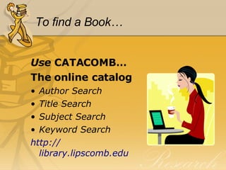 To find a Book… Use  CATACOMB… The online catalog Author Search Title Search Subject Search Keyword Search http:// library.lipscomb.edu 