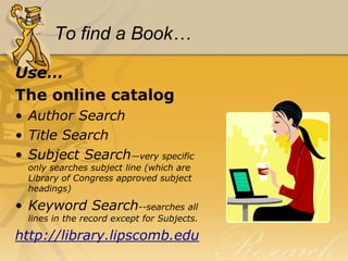 Books!Reference Books:	-use in library onlyGeneral Collection:	-check out = 3 weeks for undergrads.eBooks:	-access and read online.  You must create your own username and password at netlibrary.com from a Lipscomb computer and then you can access them from anywhere.