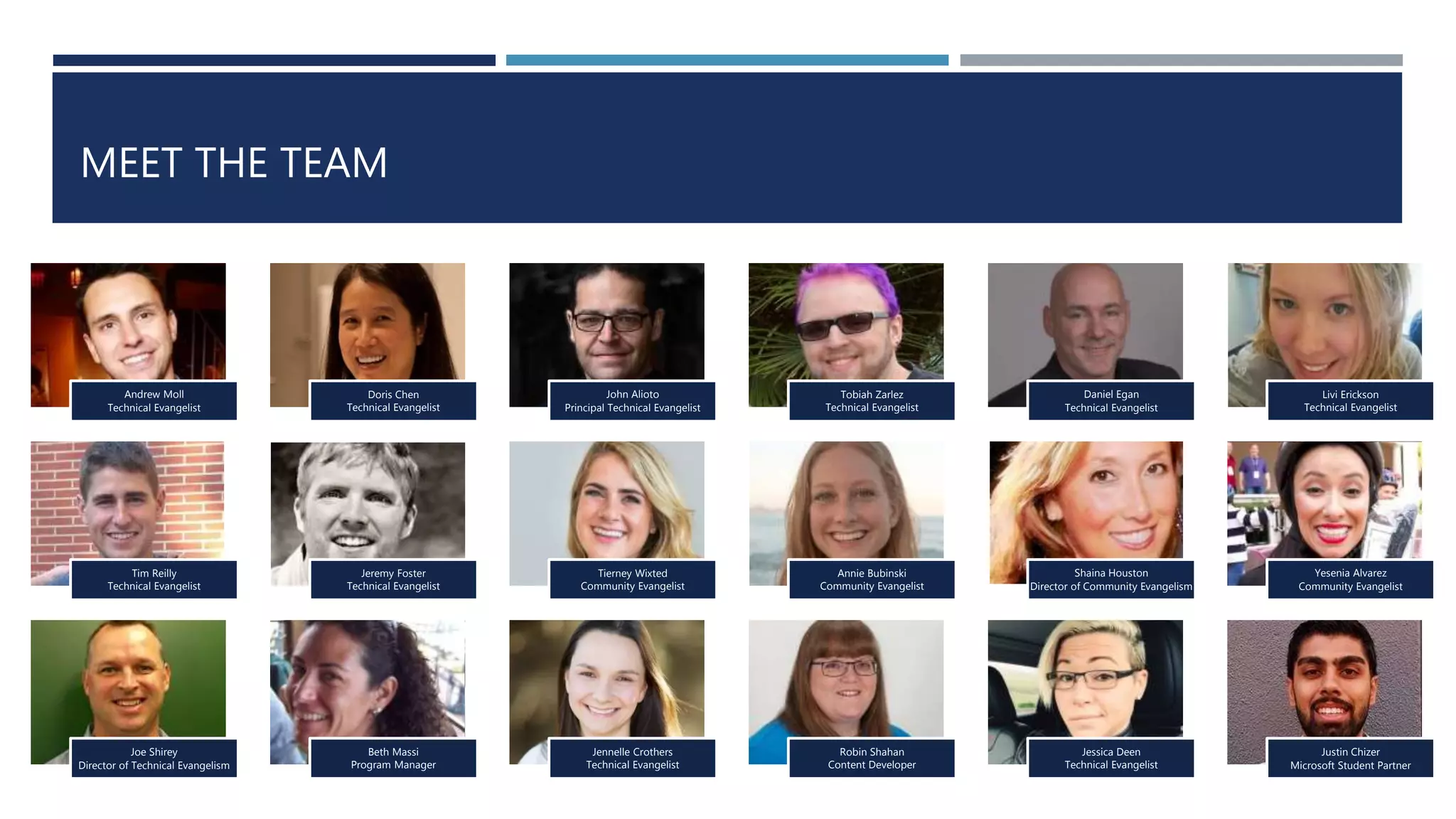 Andrew Moll
Technical Evangelist
Doris Chen
Technical Evangelist
John Alioto
Principal Technical Evangelist
Tobiah Zarlez
Technical Evangelist
Daniel Egan
Technical Evangelist
Livi Erickson
Technical Evangelist
Tim Reilly
Technical Evangelist
Jeremy Foster
Technical Evangelist
Tierney Wixted
Community Evangelist
Annie Bubinski
Community Evangelist
Shaina Houston
Director of Community Evangelism
Yesenia Alvarez
Community Evangelist
Joe Shirey
Director of Technical Evangelism
Beth Massi
Program Manager
Jennelle Crothers
Technical Evangelist
Robin Shahan
Content Developer
Jessica Deen
Technical Evangelist
Justin Chizer
Microsoft Student Partner
MEET THE TEAM
 