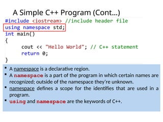 A Simple C++ Program (Cont…)
 A namespace is a declarative region.
 A namespace is a part of the program in which certain names are
recognized; outside of the namespace they’re unknown.
 namespace defines a scope for the identifies that are used in a
program.
 using and namespace are the keywords of C++.
 