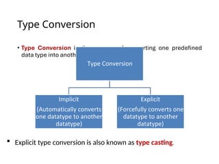 Type Conversion
 Explicit type conversion is also known as type casting.
 