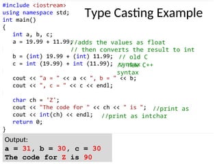 Output:
a = 31, b = 30, c = 30
The code for Z is 90
Type Casting Example
//adds the values as float
// then converts the result to int
// old C
syntax
// new C++
syntax
//print as
char
//print as int
 