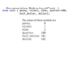 Enumeration Behaviour(Cont…)
The values of these symbols are
penny 0
nickel 1
dime 2
quarter 100
half_dollar 101
dollar 102
 