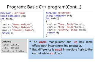Program: Basic C++ program(Cont…)
Output
Name: Amity
City: Noida
Country: India
 The endl manipulator and n has same
effect. Both inserts new line to output.
 But, difference is endl immediate flush to the
output while n do not.
 