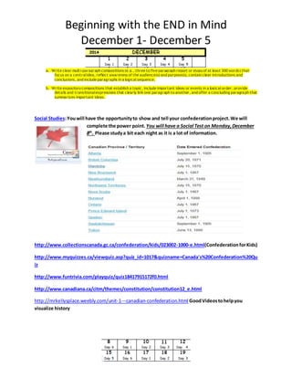 Beginning with the END in Mind 
December 1- December 5 
a. Write clear multi-paragraph compositions (e.g., three to five paragraph report or essay of at least 300 words) that 
focus on a central idea, reflect awareness of the audience(s) and purpose(s), contain clear introductions and 
conclusions, and include paragraphs in a logical sequence. 
b. Write expository compositions that establish a topic, include important ideas or events in a logical order, provide 
details and transitional expressions that clearly link one paragraph to another, and offer a concluding paragraph that 
summarizes important ideas. 
Social Studies: You will have the opportunity to show and tell your confederation project. We will 
complete the power point. You will have a Social Test on Monday, December 
8th. Please study a bit each night as it is a lot of information. 
http://www.collectionscanada.gc.ca/confederation/kids/023002-1000-e.html(Confederation for Kids) 
http://www.myquizzes.ca/viewquiz.asp?quiz_id=1017&quizname=Canada's%20Confederation%20Qu 
iz 
http://www.funtrivia.com/playquiz/quiz18417915172f0.html 
http://www.canadiana.ca/citm/themes/constitution/constitution12_e.html 
http://mrkellysplace.weebly.com/unit-1---canadian-confederation.html Good Videos to help you 
visualize history 
 