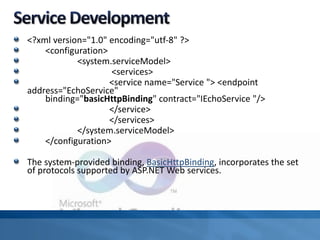 <?xml version="1.0" encoding="utf-8" ?>
<configuration>
<system.serviceModel>
<services>
<service name="Service "> <endpoint
address="EchoService"
binding="basicHttpBinding" contract="IEchoService "/>
</service>
</services>
</system.serviceModel>
</configuration>
The system-provided binding, BasicHttpBinding, incorporates the set
of protocols supported by ASP.NET Web services.
 
