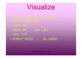 • I WILL EARN Rs.10 lac By 30th
SEPTEMBER 2020
• I WILL BE
• MDRT BY…….COT ...BY
rravindrakumar@yahoo.com
• MDRT BY…….COT ...BY
• WILL TOT……
• EVERY WEEK .........Rs. 50000
 