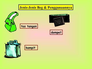 tas tangan
kampit
dompet
Jenis-Jenis Beg & Penggunaannya
 