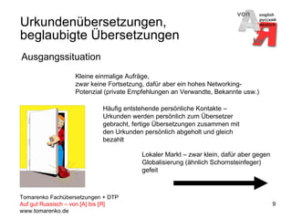 Urkundenübersetzungen, beglaubigte Übersetzungen Kleine einmalige Aufräge, zwar keine Fortsetzung, dafür aber ein hohes Networking-Potenzial (private Empfehlungen an Verwandte, Bekannte usw.) Häufig entstehende persönliche Kontakte – Urkunden werden persönlich zum Übersetzer gebracht, fertige Übersetzungen zusammen mit den Urkunden persönlich abgeholt und gleich bezahlt Lokaler Markt – zwar klein, dafür aber gegen Globalisierung (ähnlich Schornsteinfeger) gefeit Ausgangssituation 