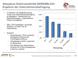 Akzeptanz Elektromobilität GEWERBLICH:
Ergebnis der Unternehmensbefragung

•   Im Rahmen der Begleitforschung
    wurde eine Unternehmensbefragung          40%
    zu Akzeptanz / Attraktivität von
    Elektrofahrzeugen in gewerblichen
    Flotten durchgeführt                      30%

•   Über 100 Fragebögen versendet,
    Rücklauf von mehr als 30                  20%
    Unternehmen

                                              10%
•   Ergebnis:
     • Gesamtkosten (TCO) weiterhin
        wichtigstes Kriterium bei               0%
        Fahrzeugbeschaffung
     • Umwelteigenschaften gewinnen
        an Bedeutung
     • Die Mehrheit der Unternehmen
        ist bereit für E-Pkw Zusatzkosten                           TCO-Aufschlag
        in Kauf zu nehmen


                                   Status-Seminar Elektromobilität Berlin-Brandenburg, 25.10.2011   8
 
