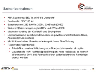 Szenarioannahmen

•   KBA-Segmente: BEV in „mini“ bis „kompakt“
•   Reichweite: BEV 160 km
•   Batteriekosten: 280 €/kWh (...