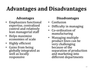 Advantages and Disadvantages
Advantages
• Emphasizes functional
expertise, centralized
control and relatively
lean managerial staff
• Helps maximize
economies of scale
• Highly efficient
• Gains from being
globally integrated as
well as locally
responsive
Disadvantages
• Confusion
• Difficulty in managing
• Co-ordination of
manufacturing
• Managing multiple
product lines can be
very challenging
because of the
separation of production
and marketing into
different departments
47
 