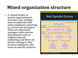 Mixed organization structure
• A mixed model, or
matrix organizational
structure, has multiple
lines of authority with
some employees reporting
to at least two managers.
There are functional
managers who oversee
departments such as
engineering and
marketing, and there are
project managers who
oversee employees who
work on specific projects.
48
 