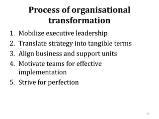 Process of organisational
transformation
1. Mobilize executive leadership
2. Translate strategy into tangible terms
3. Align business and support units
4. Motivate teams for effective
implementation
5. Strive for perfection
55
 