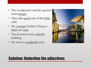 • The woodpecker and the squirrel
  seem hungry.
• They take good care of the little
  cubs.
• My younger brother Chung is
  short and cute.
• The downtown has colorful
  building.
• He wrote a wonderful story.




Solution: Underline the adjectives
 