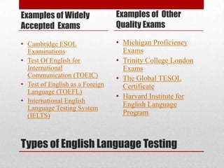 Examples of Widely               Examples of Other
Accepted Exams                   Quality Exams

• Cambridge ESOL                 • Michigan Proficiency
  Examinations                     Exams
• Test Of English for            • Trinity College London
  International                    Exams
  Communication (TOEIC)          • The Global TESOL
• Test of English as a Foreign     Certificate
  Language (TOEFL)
                                 • Harvard Institute for
• International English
  Language Testing System
                                   English Language
  (IELTS)                          Program



Types of English Language Testing
 