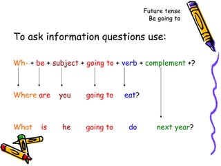 Future tense Be going to To ask information questions use: Wh-  +  be  +  subject  +  going to  +  verb  +  complement  +? Where   are   you  going to   eat ? What   is  he   going to   do  next year ?  