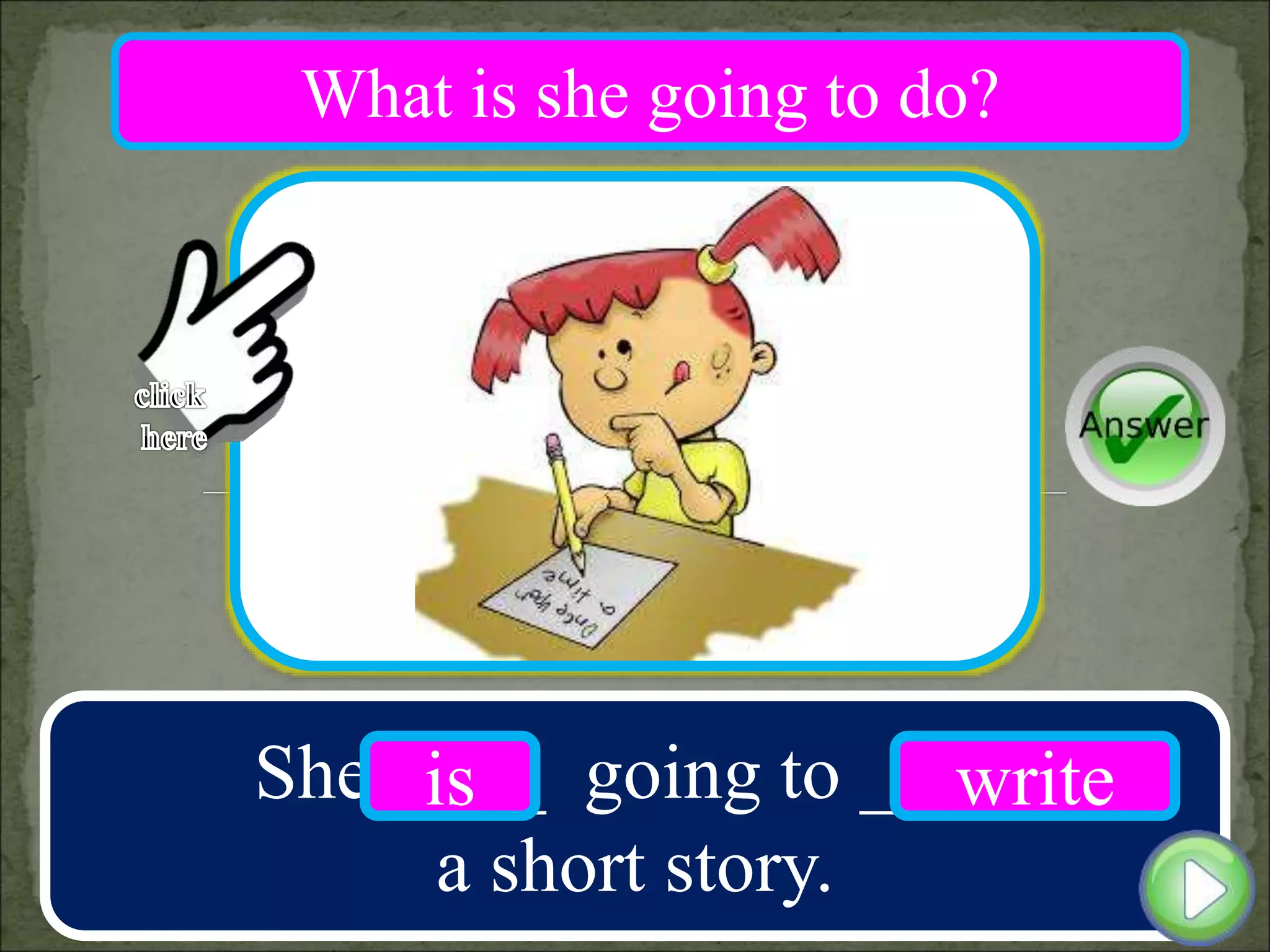 She ____ going to ____
a short story.
is write
What is she going to do?
 