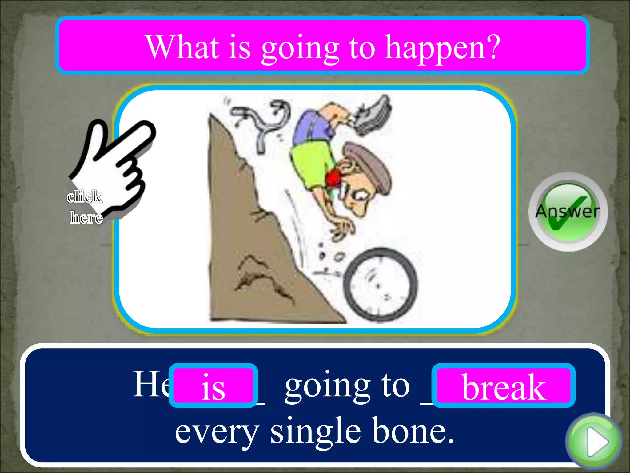 He ____ going to ____
every single bone.
is break
What is going to happen?
 