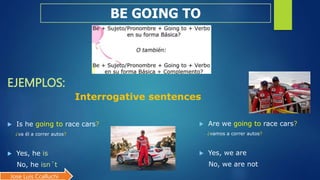 EJEMPLOS:
BE GOING TO
Interrogative sentences
 Is he going to race cars?
¿va él a correr autos?
 Yes, he is
No, he isn´t
 Are we going to race cars?
¿vamos a correr autos?
 Yes, we are
No, we are not
Jose Luis Ccalluchi
 