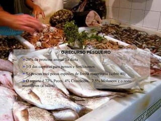 O RECURSO PESQUEIRO
➢20% da proteína animal na dieta
➢1/3 das capturas para pensos e fertilizantes
➢Se pescan moi pocas especies de forma maioritaria (sobre 40)
➢O reparto é 72% Peces, 4% Crustáceos, 2,5% Moluscos e o resto
mamíferos (a balea)
 