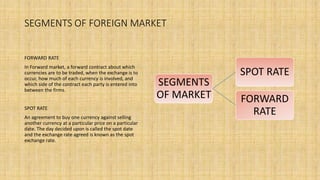 SEGMENTS OF FOREIGN MARKET
SEGMENTS
OF MARKET
SPOT RATE
FORWARD
RATE
FORWARD RATE
In Forward market, a forward contract about which
currencies are to be traded, when the exchange is to
occur, how much of each currency is involved, and
which side of the contract each party is entered into
between the firms.
SPOT RATE
An agreement to buy one currency against selling
another currency at a particular price on a particular
date. The day decided upon is called the spot date
and the exchange rate agreed is known as the spot
exchange rate.
 