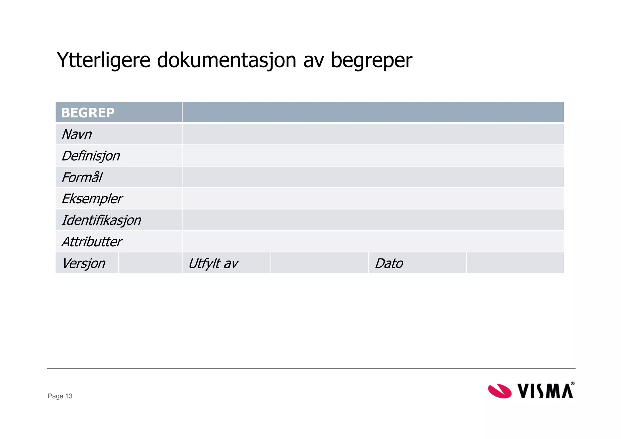 Ytterligere dokumentasjon av begreper

   BEGREP
   Navn
   Definisjon
   Formål
   Eksempler
   Identifikasjon
   Attributter
   Versjon          Utfylt av      Dato




Page 13
 