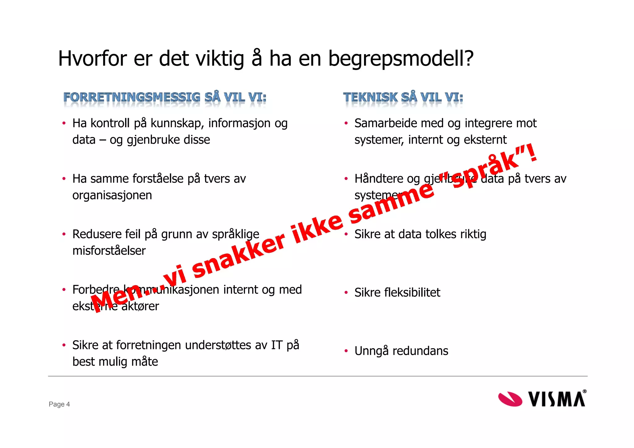 Hvorfor er det viktig å ha en begrepsmodell?

   • Ha kontroll på kunnskap, informasjon og       • Samarbeide med og integrere mot
     data – og gjenbruke disse                       systemer, internt og eksternt


   • Ha samme forståelse på tvers av               • Håndtere og gjenbruke data på tvers av
     organisasjonen                                  systemer


   • Redusere feil på grunn av språklige           • Sikre at data tolkes riktig
     misforståelser


   • Forbedre kommunikasjonen internt og med       • Sikre fleksibilitet
     eksterne aktører


   • Sikre at forretningen understøttes av IT på   • Unngå redundans
     best mulig måte


Page 4
 