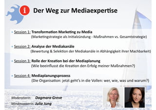 Der	
  Weg	
  zur	
  Mediaexper-se
!
•	
  Session	
  1:	
  Transforma-on	
  Marke-ng	
  zu	
  Media	
  
(MarkeAngstrategie	
  als	
  IniAalzündung	
  -­‐	
  Maßnahmen	
  vs.	
  Gesamtstrategie)	
  
!
•	
  Session	
  2:	
  Analyse	
  der	
  Mediakanäle	
  
	
  	
  	
  	
  	
  	
  	
  	
  	
  	
  	
  	
  	
  	
  	
  	
  	
  	
  	
  	
  	
  	
  	
  	
  	
  	
  	
  	
  (Bewertung	
  &	
  SelekAon	
  der	
  Mediakanäle	
  in	
  Abhängigkeit	
  ihrer	
  Machbarkeit)	
  
!
•	
  Session	
  3:	
  Rolle	
  der	
  Krea-on	
  bei	
  der	
  Mediaplanung	
  
	
  	
  	
  	
  	
  	
  	
  	
  	
  	
  	
  	
  	
  	
  	
  	
  	
  	
  	
  	
  	
  	
  	
  	
  	
  	
  	
  	
  	
  (Wie	
  beeinﬂusst	
  die	
  KreaAon	
  den	
  Erfolg	
  meiner	
  Maßnahmen?)	
  
!
•	
  Session	
  4:	
  Mediaplanungsprozess	
  
	
  	
  	
  	
  	
  	
  	
  	
  	
  	
  	
  	
  	
  	
  	
  	
  	
  	
  	
  	
  	
  	
  (Die	
  OrganisaAon:	
  jetzt	
  geht’s	
  in	
  die	
  Vollen:	
  wer,	
  wie,	
  was	
  und	
  warum?)	
  
!
!
Moderatorin:	
  	
  	
  	
  	
  Dagmara	
  Greve 
Mindmapperin:	
  Julia	
  Jung	
  
 